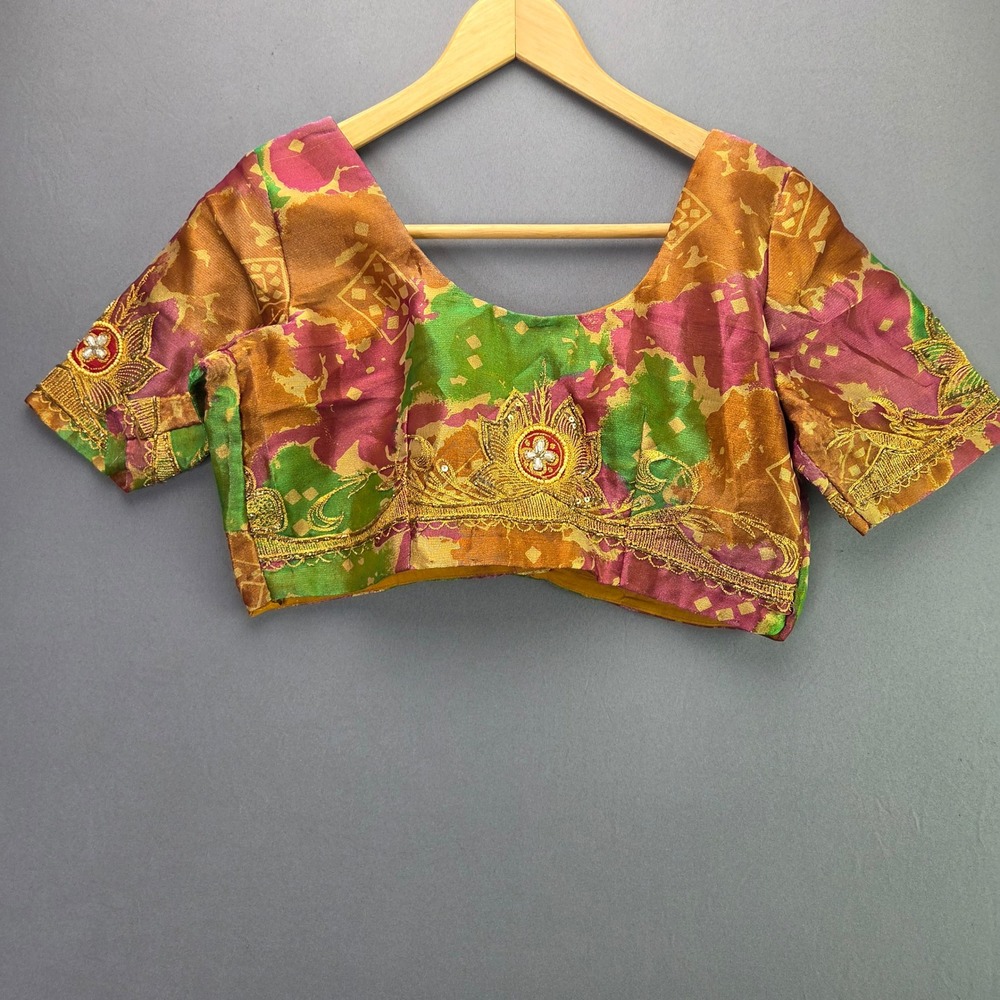 Handmade Saree Blouse Choli S Pink Green Gold Embroidered Zardosi Silk Blend